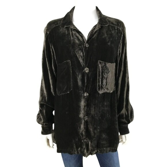 CP Shades Velvet Shacket Tunic Boyfriend Shirt sz S Olive Pockets BOHO Oversized - Picture 1 of 16